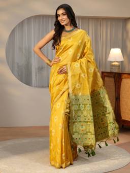 Libas - Women Mustard Silk Blend Woven Saree with Unstitched Blouse