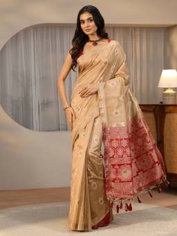 Libas - Women Gold Silk Blend Woven Saree with Unstitched Blouse