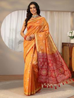 Libas - Women Orange Silk Blend Woven Saree with Unstitched Blouse