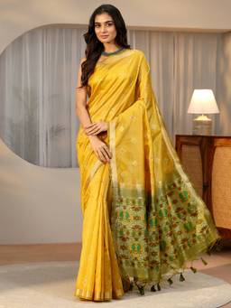 Libas - Women Mustard Silk Blend Woven Saree with Unstitched Blouse