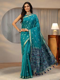 Libas - Women Blue Silk Blend Woven Saree with Unstitched Blouse