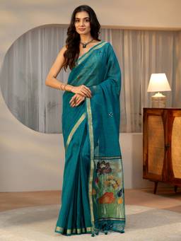 Libas - Women Blue Silk Blend Woven Saree with Unstitched Blouse