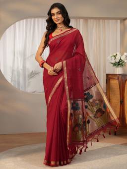 Libas - Women Red Silk Blend Woven Saree with Unstitched Blouse