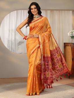 Libas - Women Orange Silk Blend Woven Saree with Unstitched Blouse