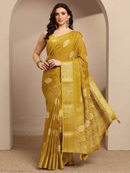 Libas - Women Mustard Georgette Woven Saree with Unstitched Blouse