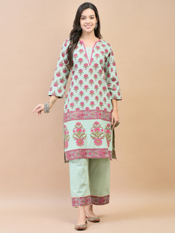 Shree - Women Cotton Green Ornamental Print Kurta with Comfort Pant (Set of 2)