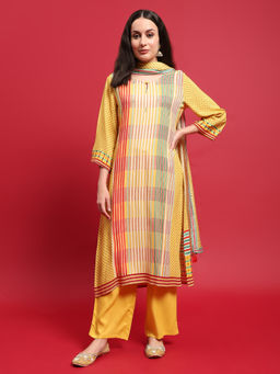 Shree - Women Liva Yellow Stripe Print Kurta Comfort Pant Dupatta (Set of 3)