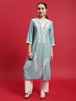 Shree - Women Liva Green Ornamental Print Kurta with Comfort Pant (Set of 2)