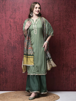 Shree - Women Liva Green Stripe Print Kurta & Sharara with Chanderi Dupatta (Set of 3)