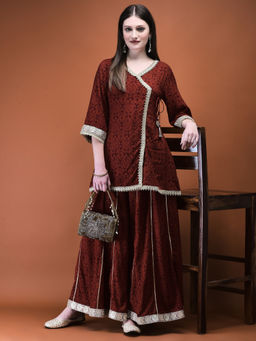 Shree - Women Liva Rust Floral Print Kurta with Split Palazzo (Set of 2)