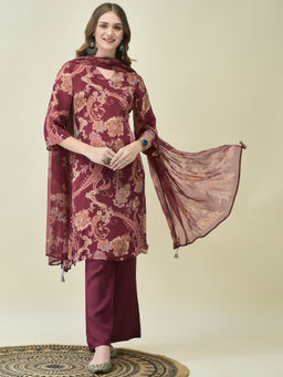 Shree - Women Crepe Burgundy Paisley Print Kurta Bell Bottom Palazzo Dupatta (Set of 3)