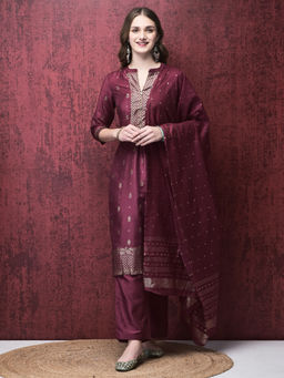 Shree - Women Liva Viscose Burgundy Foil Print Kurta Comfort Pant Dupatta (Set of 3)