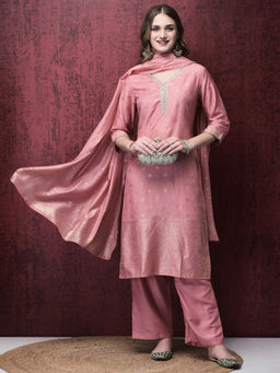 Shree - Women Liva Peach Foil Print Kurta Comfort Pant Dupatta (Set of 3)