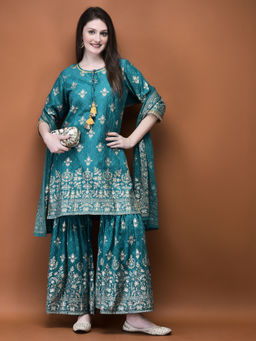 Shree - Women Samaira Turquoise Blue Foil Print Kurta with Sharara & Dupatta (Set of 3)