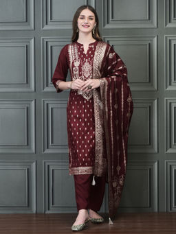 Shree - Women Dola Silk Jacquard Maroon Woven Kurta Comfort Pant Dupatta (Set of 3)