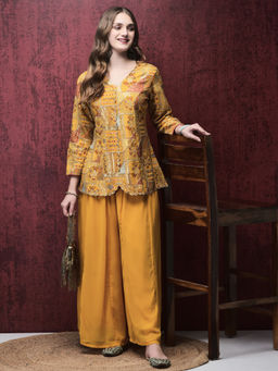 Shree - Women Georgette Yellow Embroidered Kurta with Flared Split Palazzo (Set of 2)
