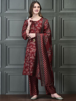 Shree - Women Poly Viscose Maroon Calico Print Kurta Comfort Pant Chanderi Dupatta (Set of 3)