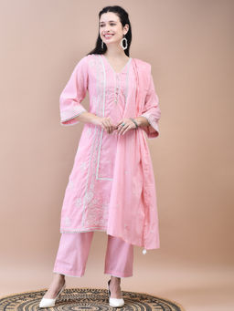 Shree - Women Cotton Pink Embroidered Kurta Comfort Pant Dupatta (Set of 3)