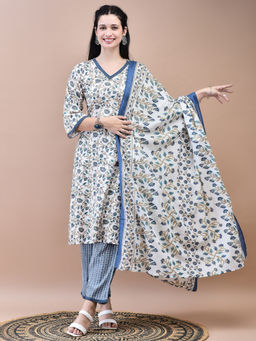 Shree - Women Cotton Off-White Blue Floral Print Kurta Comfort Pant Dupatta (Set of 3)