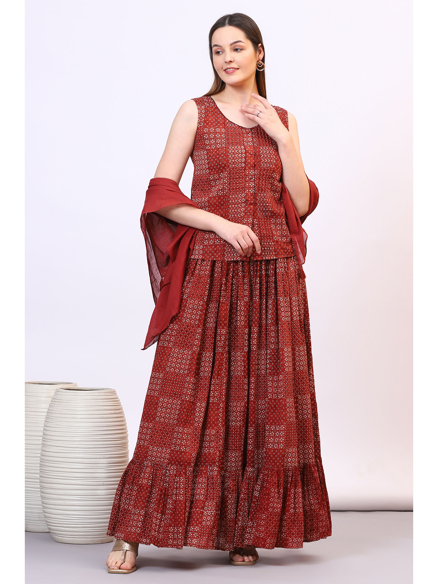 Women Brown Geometric Printed Pure Cotton Top with Skirt & Dupatta (Set of 3)-image-5