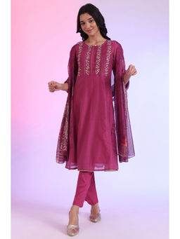 Aurelia - Women Pink Embroidered Cotton Blend Flared Kurta with Trouser & Dupatta (Set of 3)