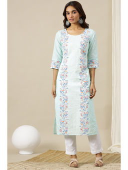 Aurelia - Green Floral Printed Schiffli Embroidered Straight Kurta with Pant (Set of 2)