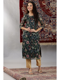 Aurelia - Black Floral Printed Straight Kurta with Embroidered Neckline and Palazzo (Set of 2)