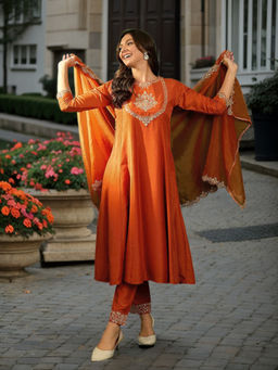 BLACK SCISSOR - Brown Anarkali Kurta with Pant with Dupatta (Set of 3)