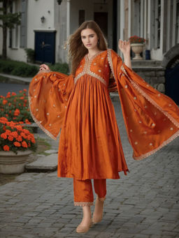 BLACK SCISSOR - Orange Anarkali Kurta with Pant with Dupatta (Set of 3)