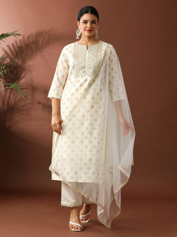 Jaipur Kurti - Floral Embroidered Off White Kurta & Pant with Dupatta (Set of 3)