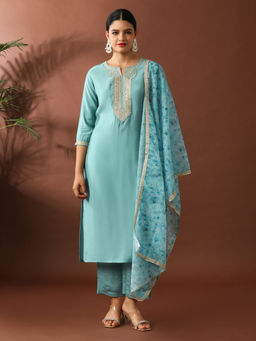 Jaipur Kurti - Floral Embroidered Straight Silk Blend Blue Kurta & Pant with Dupatta (Set of 3)