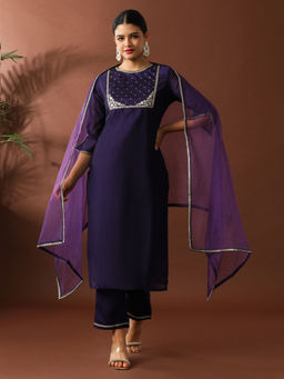 Jaipur Kurti - Floral Embroidered Straight Chanderi Cotton Kurta & Pant with Dupatta (Set of 3)