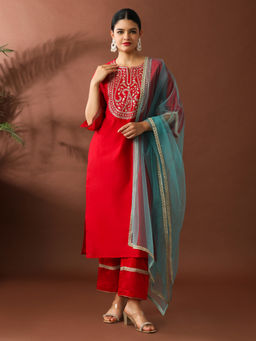 Jaipur Kurti - Floral Embroidered Straight Chanderi Cotton Kurta & Pant with Dupatta (Set of 3)