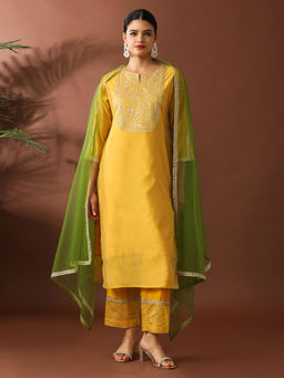 Jaipur Kurti - Floral Embroidered Straight Chanderi Cotton Kurta & Pant with Dupatta (Set of 3)