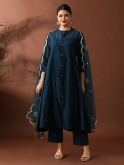 Jaipur Kurti - Solid Embroidered A-Line Chanderi Cotton Kurta & Pant with Dupatta and Inner (Set of 4)