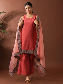 Jaipur Kurti - Floral Embroidered Straight Silk Blend Kurta & Sharara with Dupatta (Set of 3)