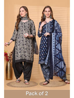 Rajnandini - Off White & Navy Blue Printed Kurta with Salwar & Dupatta (Pack of 2)
