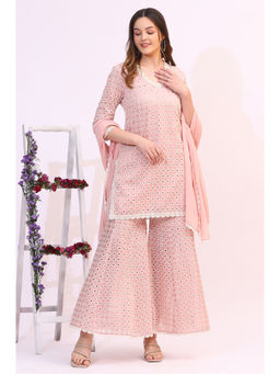 WISHFUL by W - Pink Embroidered Schiffli Short Kurta and Sharara with Dupatta (Set of 3)