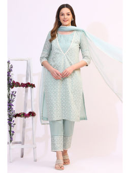 WISHFUL by W - Light Blue Floral Embroidered Straight Kurta with Pant & Dupatta (Set of 3)