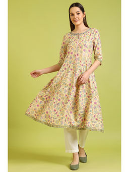 W - Light Yellow Floral Printed Pure Cotton Flared Kurta with Pant (Set of 2)