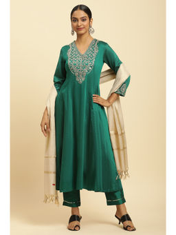 W - Green Panelled Embroidered Kurta with Slim Pant & Dupatta (Set of 3)
