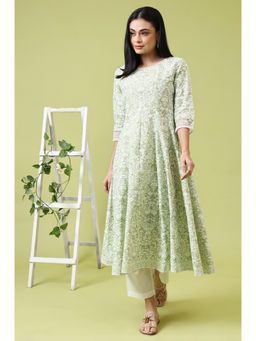 W - Green Paisley Printed Pure Cotton Anarkali Kurta & Pant (Set of 2)