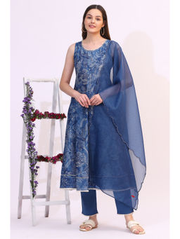 W - Ink Blue Floral Printed Sleeveless Anarkali Kurta with Pant & Dupatta (Set of 3)