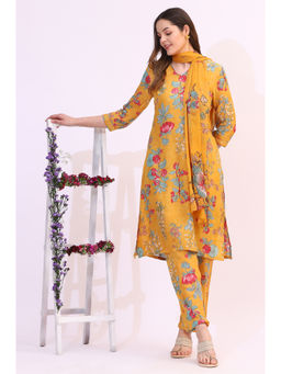 W - Amber Yellow Floral Printed Modal Straight Kurta with Pant & Dupatta (Set of 3)