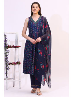 W - Deep Blue Floral Printed Rayon Anarkali Kurta with Pant & Dupatta (Set of 3)