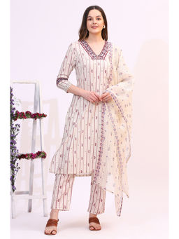 W - Off-White Paisley Printed Straight Kurta with Pant & Dupatta (Set of 3)