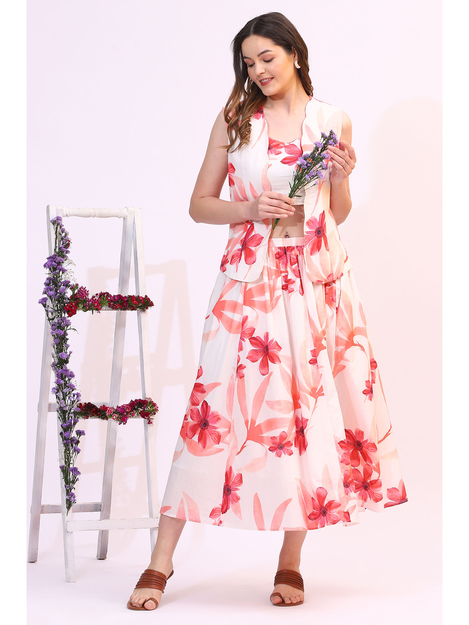 Bold Floral Printed Pure Cotton White Crop Top with Gilet & Skirt (Set of 3)-image-28