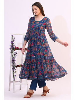 W - Blue Chintz Floral Printed Chiffon Anarkali Kurta with Pant & Dupatta (Set of 3)