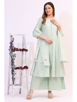 W - Spring Mint Green Floral Printed Kurta and Palazzo with Dupatta (Set of 3)