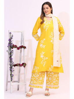 W - Mango Yellow Floral Printed A-Line Kurta with Printed Palazzo & Dupatta (Set of 3)